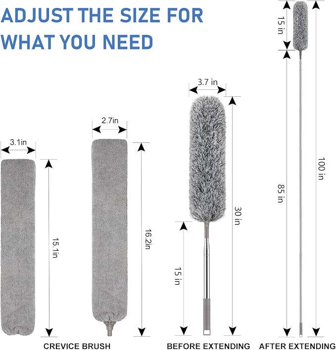 SetSail Dusters and Gap Duster with Extension Pole for Cleaning,Gray | 100-inch Extra-Long,Bendable Microfiber Head,Washable,Ceiling Fan Cleaner Duster,for High Ceilings, Floor