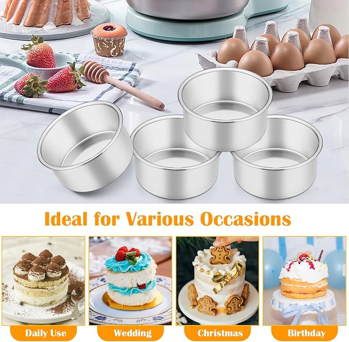 P&P CHEF 4 Inch Cake Pan Set of 4, Stainless Steel Baking Round Cake Pans Tins Bakeware for Birthday Wedding, Leak-proof & Easy Clean, Mirror Finish & Easy Releasing
