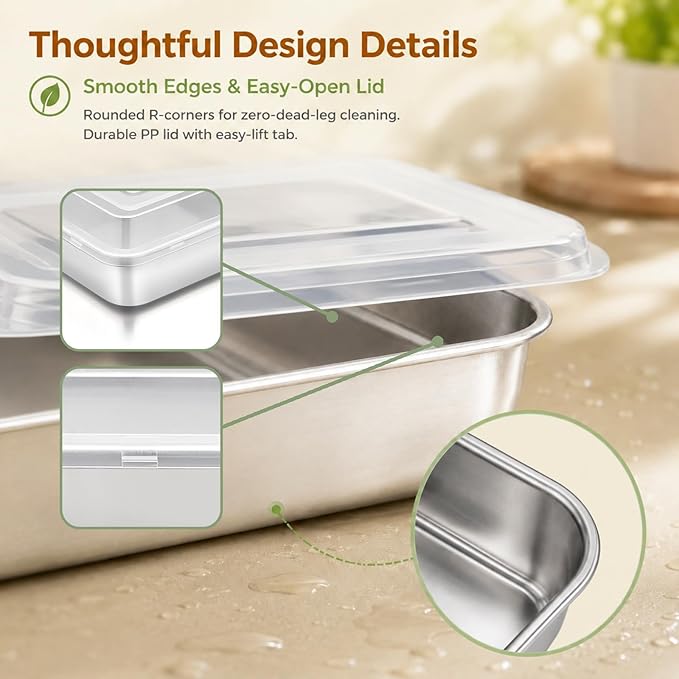 E-far Small Baking Pan with Lid, 9.4”x 7” x 2” Stainless Steel Rectangle Sheet Cake Pans for Toaster Oven, Metal Covered Bakeware for Cakes Brownies Casseroles, Non-toxic & Dishwasher Safe - Set of 2
