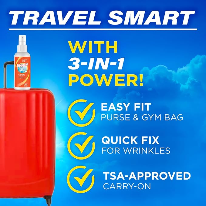 Bounce Anti Static Spray, 3 in 1 Anti Static & Instant Wrinkle Release, Odor Eliminator & Fabric Refresher, Rapid Touch Travel Spray (3 Oz, Pack of 1)