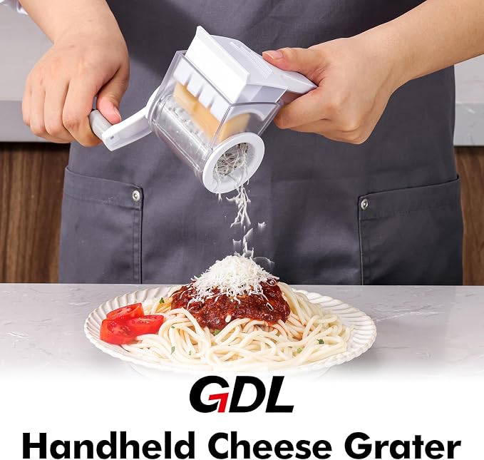 GDL Cheese Grater Hand Crank, Kitchen Rotary Grater Handheld, Dishwasher Safe Parmesan Cheese Grater with Stainless Steel Blade for Hard Cheese,Chocolate,Nuts (White+Grey)
