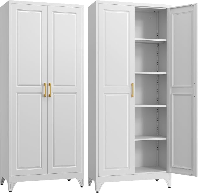 SteeLoong 75”Metal Pantry Storage Cabinet with Doors & 4 Adjustable Shelves | Kitchen Pantry Cabinet,White Kitchen Cabinet with 2 Gold Handles,Tall Cabinet for Livingroom,Pantry, Bathroom,Kitchen,Garage