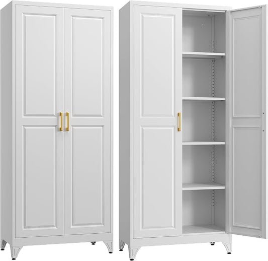 SteeLoong 75”Metal Pantry Storage Cabinet with Doors & 4 Adjustable Shelves | Kitchen Pantry Cabinet,White Kitchen Cabinet with 2 Gold Handles,Tall Cabinet for Livingroom,Pantry, Bathroom,Kitchen,Garage