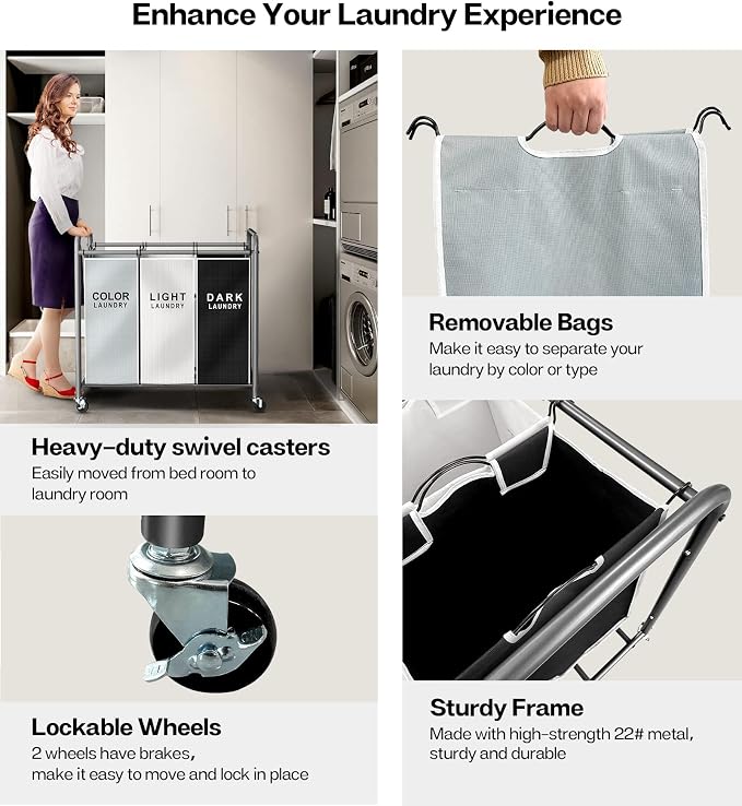 ROMOON Laundry Sorter Hamper 3 Section, Divided Laundry Basket Organizer | Rolling Clothes Hamper with Heavy Duty Lockable Wheels and Removable Bags for Apartment, Dorm & Family, 135L, Multicolor