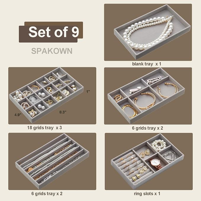 SPAKOWN Stackable Jewelry Organizer Trays Set of 9, Small Velvet Jewelry Organizers Earring Necklace Ring Bracelet Display Case Storage for Drawer Dresser (Grey)