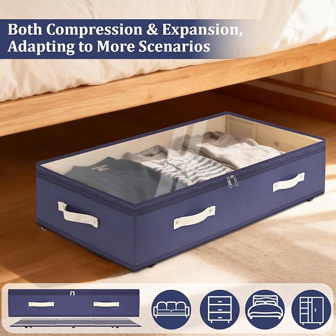 Dolicer 2 Pack Under Bed Storage with Wheels, 6in-10in Height Adjustable Underbed Storage Containers, 92L XXXL Under Bed Drawers Rolling Bin with Clear Lids for Dorm Shoes Clothes Organizers(Blue)