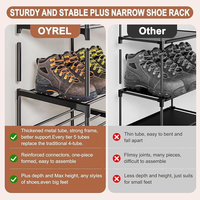 OYREL Shoe Rack, Upgrade Plus Narrow 10 Tier Shoes Organizer for Closets | Any Shoes & Boots, Sturdy Metal Tall Stackable Free Standing Shoe Racks for Small Space, Bedroom, Entryway