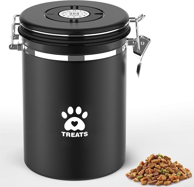 ENONCI Dog Treat Container Airtight,8.2"x5.9" Stainless Steel Cat Treat Jar for Kitchen Counter with Scoop, Pet Storage for Fresh Dog Cookie