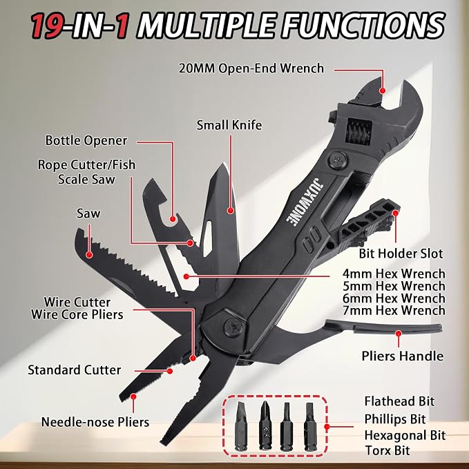 19-in-1 Adjustable Wrench Multitool with Pliers, Folding EDC Tool | Stainless Steel Build with Knife, Saw, Wire Cutter & Screwdrivers for DIY, Camping & Outdoor Repairs