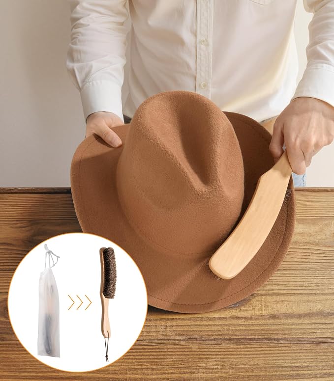 Cowboy Hat Brush Horsehair Cleaning Brush for Felt Hats Wool Suede Clothes | 100% Horsehair, Removes Dust, Lint, Pet Hair for Coats Suits Shoes Furniture Brim Edges Seams, with Wood Handle, Storage Bag