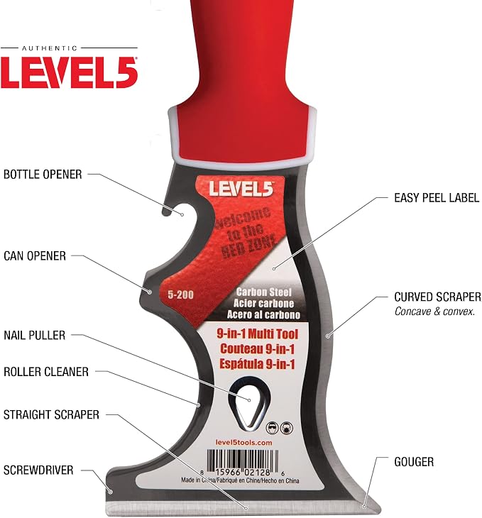 9-In-1 Painter’s Tool - LEVEL5 | Multi-Use Knife, Hardened Carbon Steel | Metal Hammer End | Pro-Grade Finishing Tools | 5-200