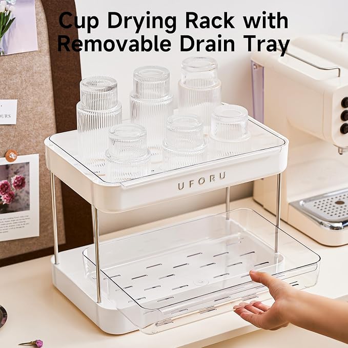 UFORU Countertop Coffee Station Organizer,Cup Rack,Mug & Wine Glass Holder | 2-Tier White Mug Shelf With Removable Drain Tray,Bathroom Countertop Organizer,Spice Rack for Kitchen