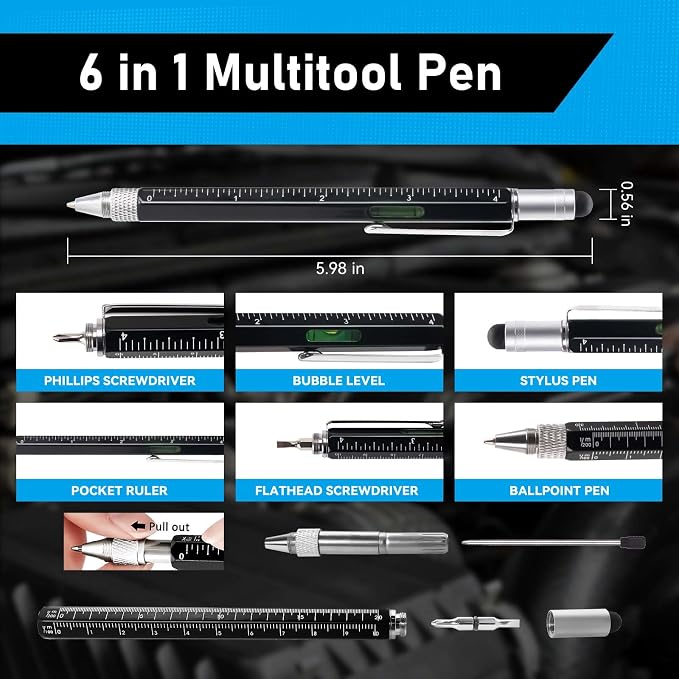 Magnet Pickup Tool with Telescoping Magnetic Flashlight and 6 in 1 Multitool Pen with Rulers, Bubble Level, Screwdrivers, Ballpoint, Fathers Day Dad Gifts, Birthday Gifts for Men, Dad, Husband | Magnetic Flashlight & Multitool Pen with Rulers, Bubble L...