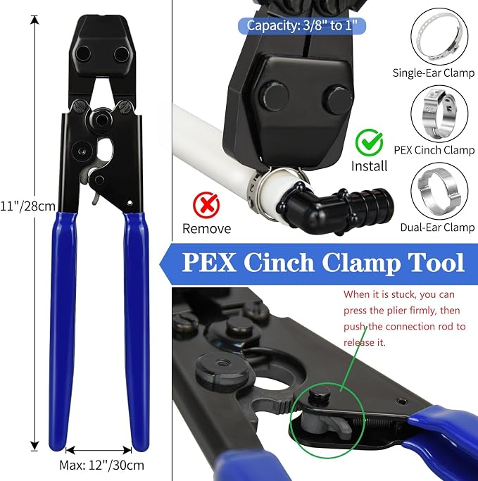 PEX Cinch Clamp Tool Kit, 3/8" to 1" PEX Pipe Clamp Cinch Tool Set | with 30 pcs 1/2" Brass PEX Fittings Combo, 1pcs Pipe Cutter, 70 pcs 1/2" PEX Cinch Clamps, 10pcs 3/4" PEX Cinch Clamps