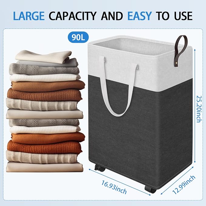 HomeHacks 90L Rolling Laundry Basket with 4 Wheels Collapsible Gray | 4 Wheels, Waterproof PEVA Lining, Cotton Flax Fabric, Metal Frame, Bathroom Laundry Room Dorm Storage, Space-Saving Design