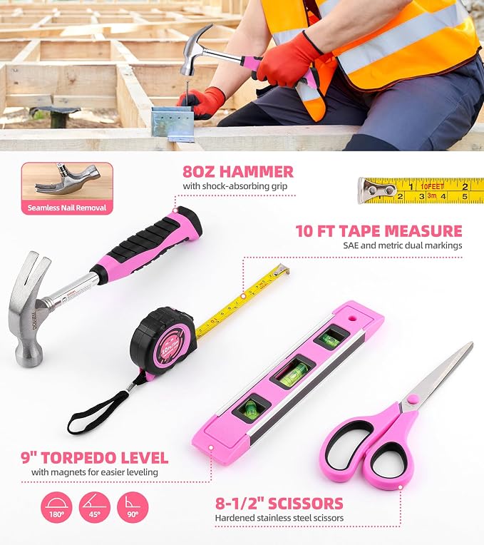DOWELL 123-Piece Pink Home Repair Tool Kit for Women & Girls | All-in-One DIY Toolkit with Ergonomic Handles, Durable Toolbox, Non-Slip Grips | Perfect Gift for- Wives| Moms, Crafters