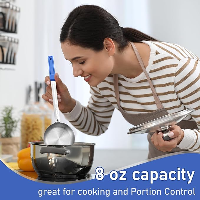Teenyyou 2 Pcs Portion Control Serving Spoons, Restaurant Measuring Serving Ladle Utensils, Portion Spoons for Weight Loss, Kitchen(Blue,8 oz,Solid and Slotted)