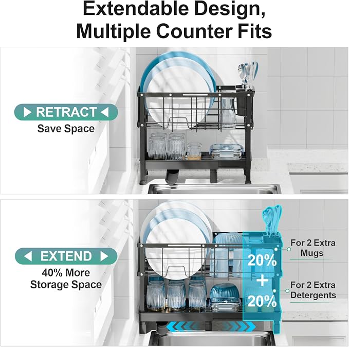 GSlife Large Dish Drying Rack - 2 Tier Dish Rack for Kitchen Counter, Expandable Capacity Dish Drainer Rack with Removable Cutlery Holder, 15.7''-20.7''L x 9.8" D x 13.4" H, Black