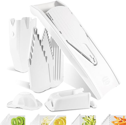 Börner Mandoline Slicer V1 (Professional Set) • V-Slicer with 4 Inserts, Fruit Holder, Docking Station, Box • Adjustable Vegetable Slicer • Cuts into Slices, Strips & Dices • Color: White