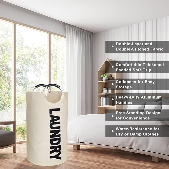 Extra Large Laundry Basket, Big Laundry Hamper Bag with Handles, 130L Beige | Freestanding Tall Dirty Clothes Hamper, Collapsible and Portable Laundry Bin for Dorms and Bedrooms, Thick, Sturdy Fabric