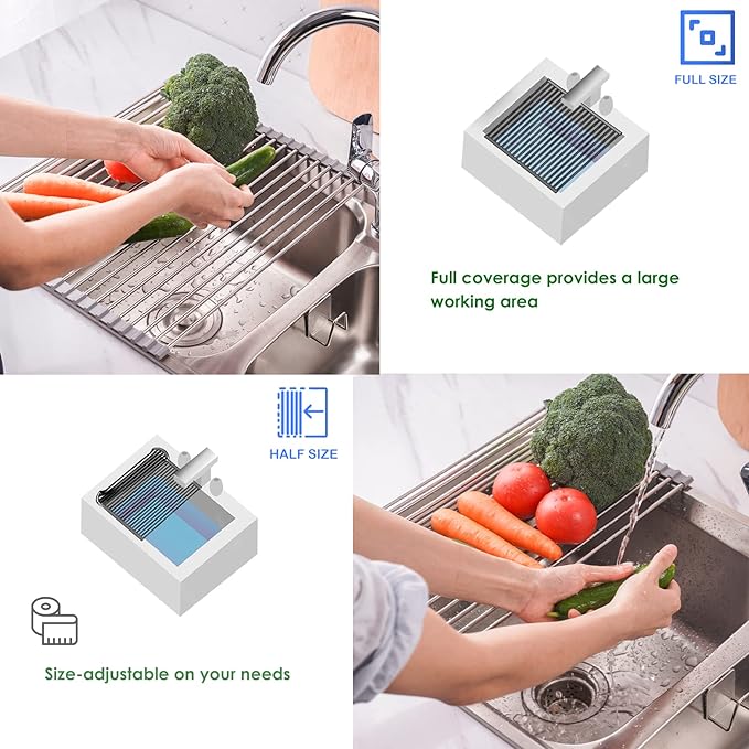 Tomorotec Roll Up Dish Drying Rack Over the Sink Grey Large Dish Drying Rack Rolling Foldable Collapsible SUS304 Stainless Steel Multipurpose Dish Drainer for Kitchen Counter (21”x11.8”)