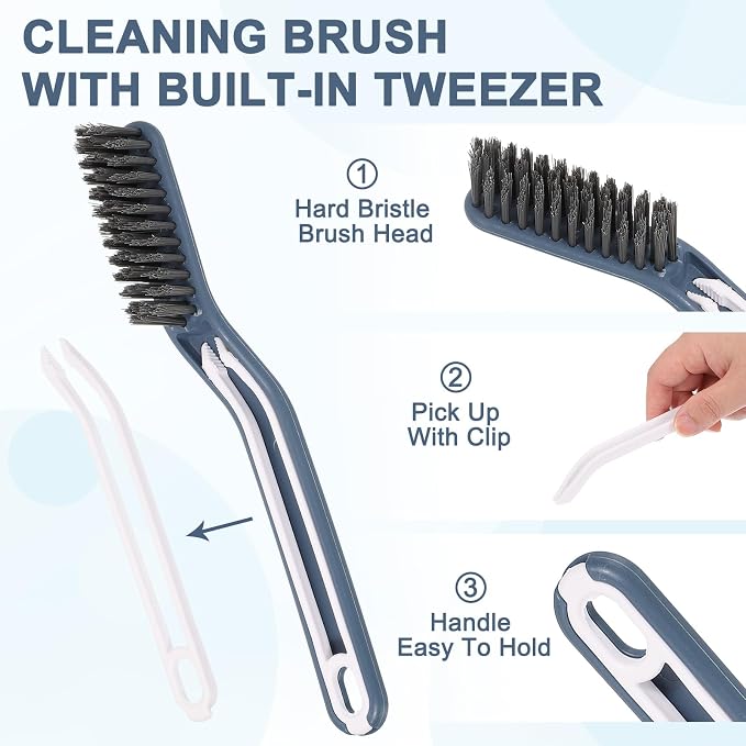 uxcell Crevice Cleaning Brush with Tweezer, Hard Bristle Gap Brush for Tidying Narrow Space, Deep Cleaning Supplies for Kitchen Sink, Toilet, Bathroom, Bathtub, Home, Window, Blue