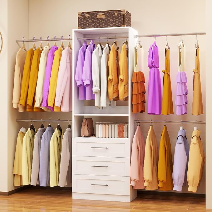 Closet System with Drawers, Closet Organizer System,5 Rods 4FT-9FT | 3 Wooden Drawers Storage, 5 Expandable Hanging Rods, Wall Mount, Freestanding White, Modular with Other Units