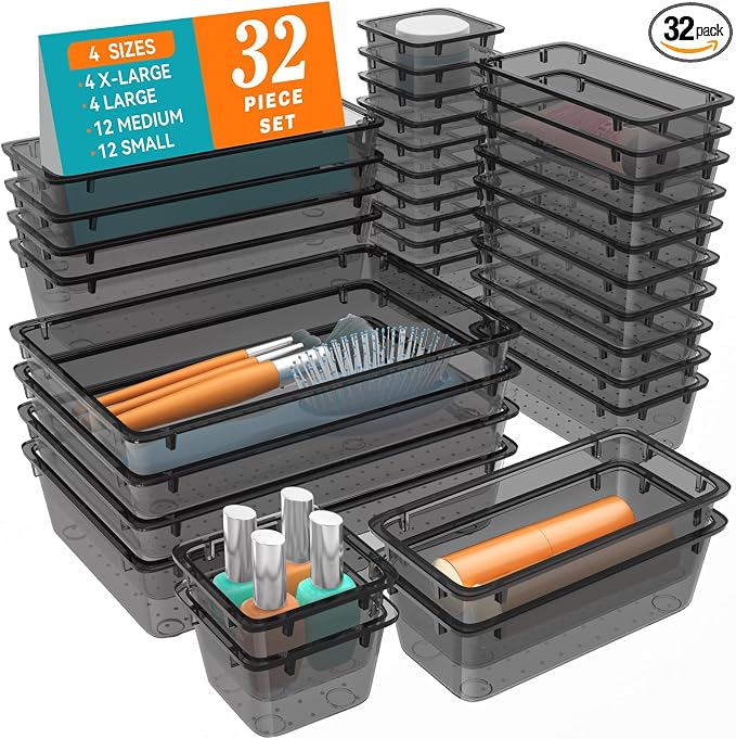 WOWBOX 32 PCS Clear Plastic Drawer Organizer Set, 4 Sizes Desk Drawer Organization and Storage Containers for Makeup, Cosmetics, Jewelry and Gadgets in Kitchen, Bathroom, Bedroom, Office, Clear Black