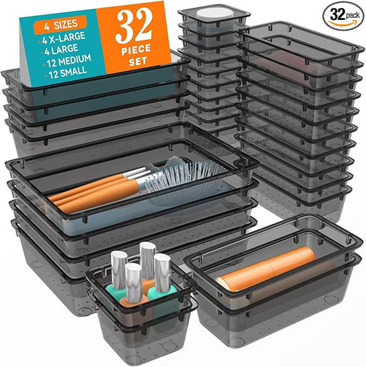 WOWBOX 32 PCS Clear Plastic Drawer Organizer Set, 4 Sizes Desk Drawer Organization and Storage Containers for Makeup, Cosmetics, Jewelry and Gadgets in Kitchen, Bathroom, Bedroom, Office, Clear Black
