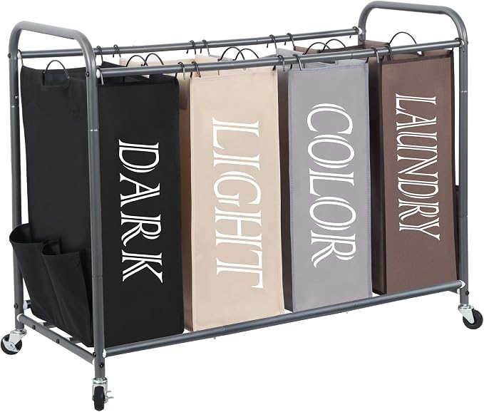 STORAGE MANIAC Laundry Sorter 4 Section, 47.5 Gal (180 L) Laundry Hamper with Wheels, Clothes Divider Basket Sorter, Separator Hamper Cart with Removable Bags, Multicolored