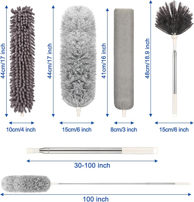 Microfiber Duster with Extension Pole(Stainless Steel) 30 to 100 Inches, Washable Dusters, Reusable Dusters, Bendable Duster for High Ceiling, Cleaning Ceiling Fan, Furniture, Blinds, Cars