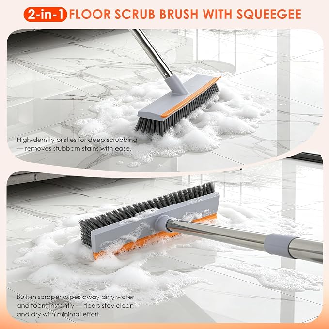 Floor Scrub Brush with 45" Long Handle, 2-in-1 Heavy-Duty Stiff Bristle Scrubber Brush Broom with Scrape Squeegee for Cleaning Bathroom, Shower, Kitchen, Patio, Pool, Garage, Tile, Wall and Deck
