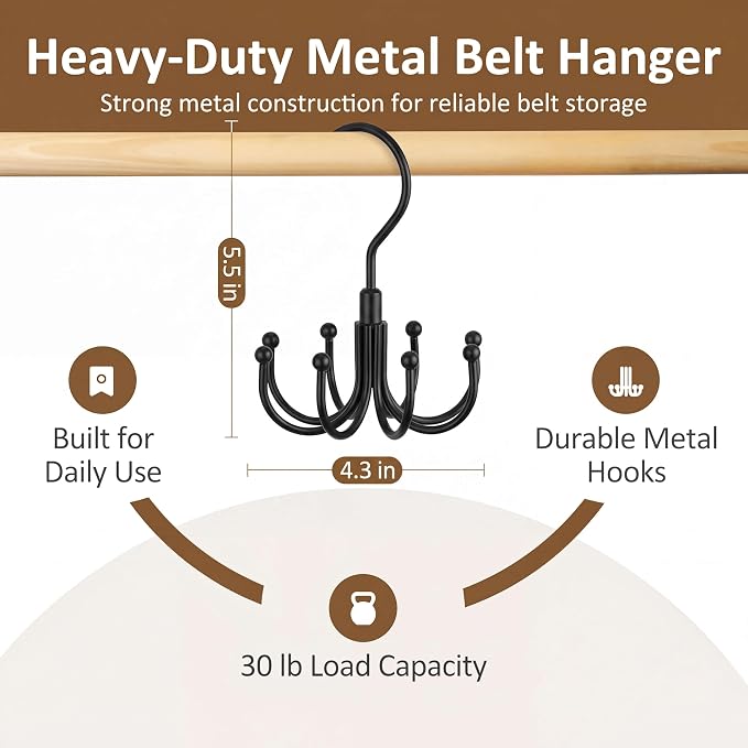 ZEDODIER Belt Organizer for Closet, Heavy-Duty Rotating Belt Hanger Tie Rack Holds up to 24 Belts, Hanging Space Saving Metal Belt Holder for Closet Storage