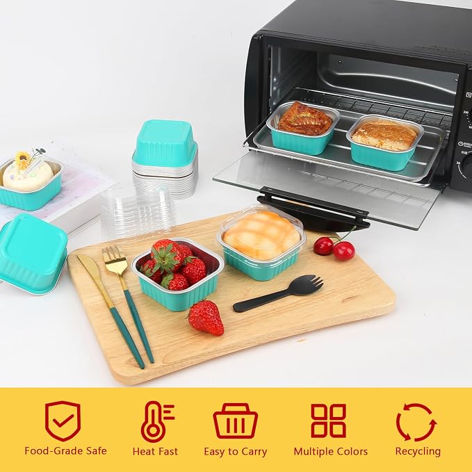 LNYZQUS 5oz Square Cupcake Pan with Lids 40 Pack, Aluminum Foil Muffin Pan Mini Cake Cups,Disposable Ramekins Brownie Baking Pans Cupcake Liners Muffin Tin-Cyan Blue