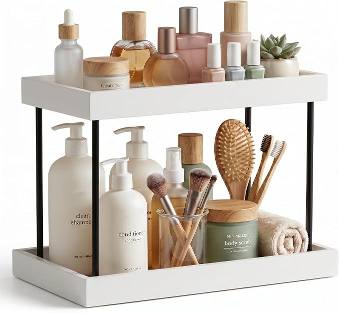 WOPITUES Bathroom Counter Organizer,2 Tier Perfume Organizer,Wooden Bathroom Organizers and Storage for Makecup Perfume Skincare,Countertop Organizer in Kitchen,Bedroom,Coffee Bar,White