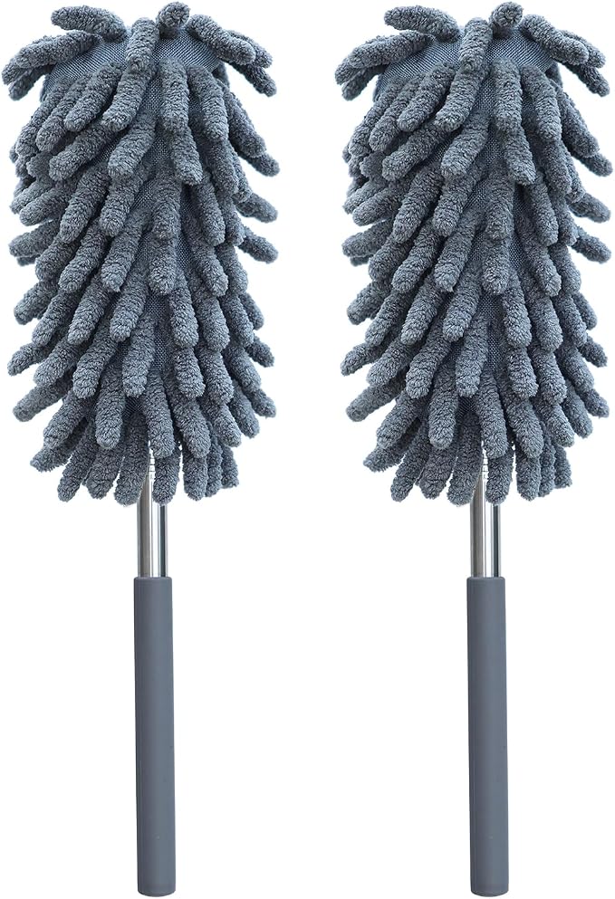 2 Pack Microfiber Duster for Cleaning, Washable Dusters, Extendable Pole, Up to 30 Inch Reachable, Wet and Dry Use Cleaning Tools for Car, Ceiling Fan, Window, Furniture, Office