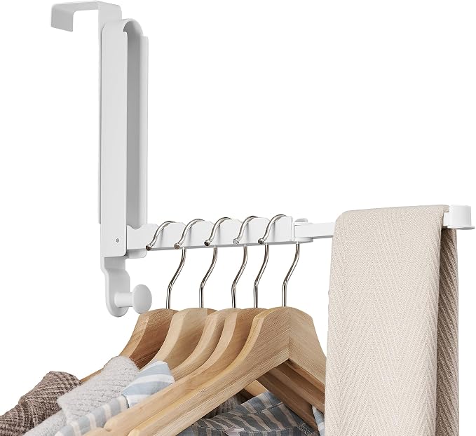 RFOUO Over The Door Hooks Hanger,Fit Door up to 1 3/8", White, 1 Pack | Aluminum,Retractable Rod, Space-Saving, Foldable Over The Door Drying Rack,No drilling, For Laundry Bathroom Bedroom Travel