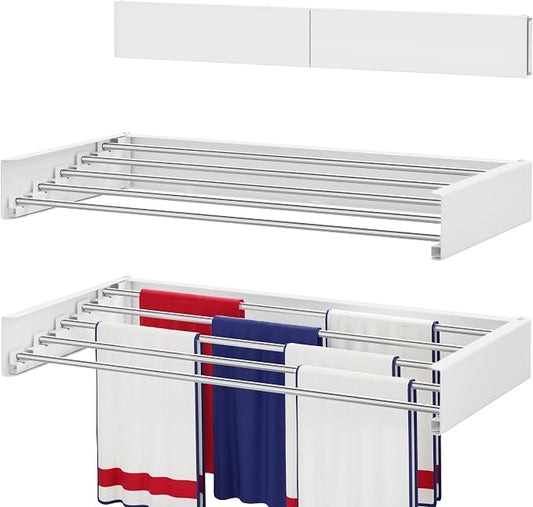 Wall Mounted Drying Rack 23.6", Foldable Laundry Drying Rack with Stainless Steel Rods, Retractable Laundry Space Saver for Indoor & Outdoor Use, Include Wall Template