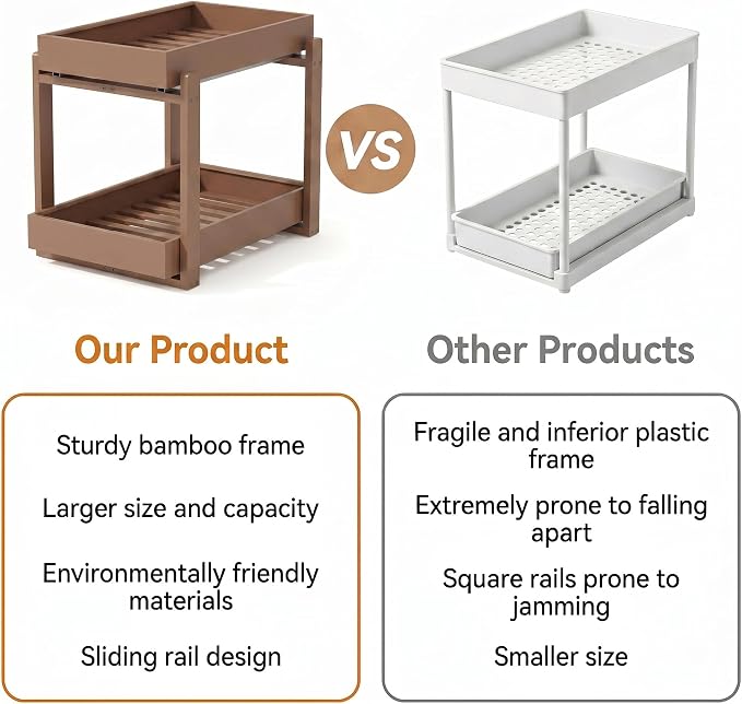Bamboo Under Sink Organizer Adjustable Height 2 Tier Bathroom Organizer Pull Out Cabinet Storage Kitchen Heave Duty Wood Slide Ou Shelf for Kitchen Bathroom (Black, 2 Packs) (Brown, 2 Pack)