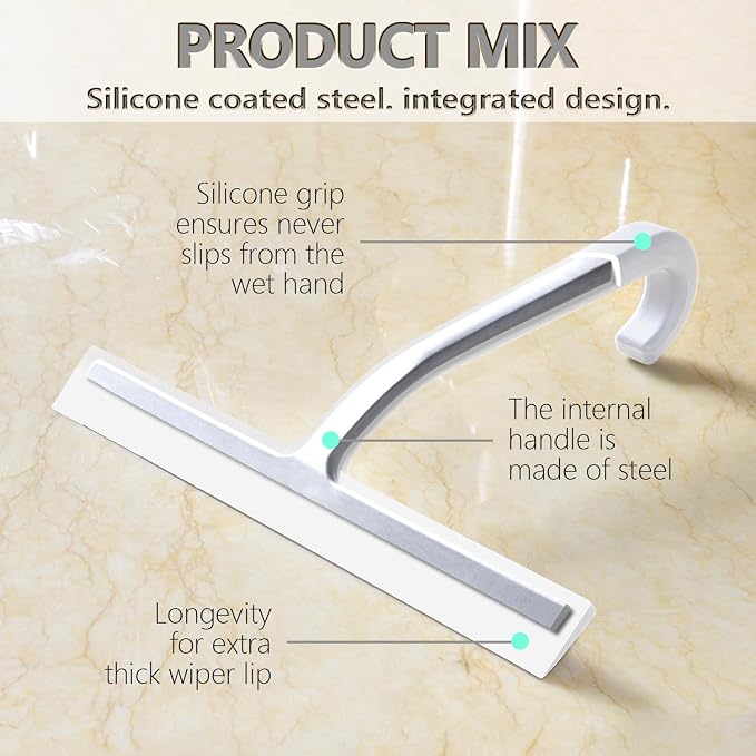 Shower Squeegee for Glass Doors – 10" Silicone Squeegee with Built-in Hook, One-Piece Seamless Design, Streak-Free & No-Scratch Window Cleaner for Bathroom, Mirrors & Tiles (White)