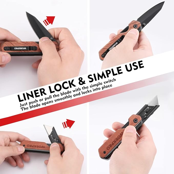 WORKPRO 2-in-1 Folding Knife/Utility Knife, Wood Handle | Quick-Change Box Cutter, Liner Lock, Belt Clip, 10 SK5 Blades, Carton Cutting, Camping, Hiking, DIY Projects