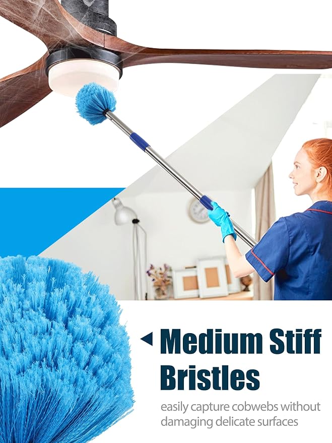 Cobweb Duster with Extension Pole, Outdoor Spider Web Brush with 6 ft Long Handle, Metal Cob Web Remover for High Ceilings Fans Indoor Cleaning, Medium-Stiff Bristles Dust Brush, Lightweight Cleaner