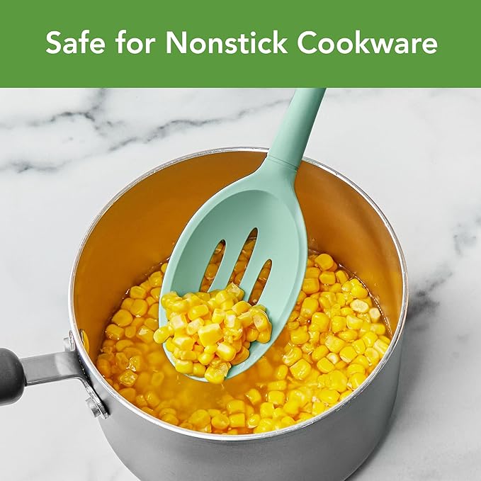 Tovolo Flex Core Silicone Slotted Deep Spoon for Cooking Mixing Baking, Dishwasher Safe BPA Free All Silicone Kitchen Utensil Heat Resistant Nonstick Safe Slotted Serving Spoon, Aqua Seafoam Green