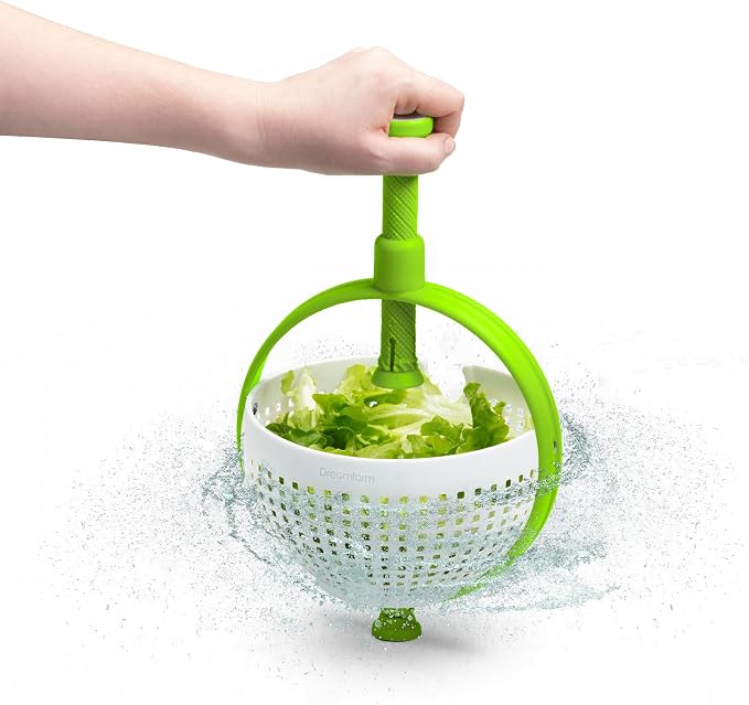 Dreamfarm Spina 2-In-1 Easy-To-Use, Collapsible Salad Spinner & Straining Colander for Salad, Fruit, Vegetable, Lettuce - White/Green | Compact storage, in-sink salad washer and strainer, 12 cup capacity, cleans fruit, vegetables and berries, drains pasta