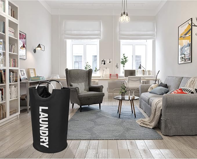 DOKEHOM 90L Large Laundry Basket Bag, Collapsible Tall Hamper, Black | Freestanding tall washing bin & foldable laundry bag. High-capacity clothes storage basket with durable sturdy handles