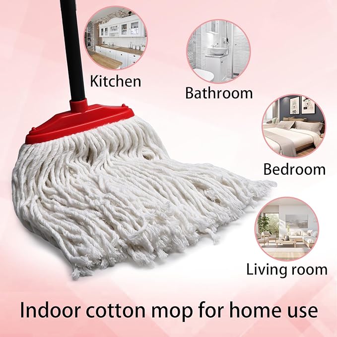 Indoor Cotton Mops for Floor Cleaning - Indoor Cleaning Mop for Wood Floors, Tile, Hardwood Floor, 52" Adjustable Iron Handle Regular Mops to Clean Living Room, Kitchen, and Bathroom. (Red