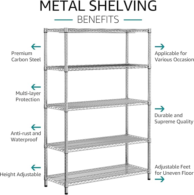 IZEUK 4250 LBS Garage Shelving Wide Storage Shelves 5 Tier Metal Shelves Heavy Duty Adjustable Utility Shelf Rack Chrome 17.7" D x 59.1" W x 70.4" H