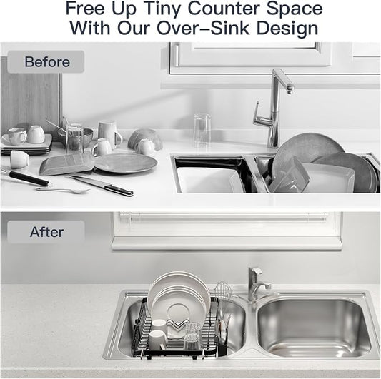 MAJALiS Dish Drying Rack Over The Sink with Utensil Holder | Expandable Stainless Steel Dish Drainer for Small Kitchen, Apartment, RV, Counter Space Saving, Perfect Fit, Rustproof