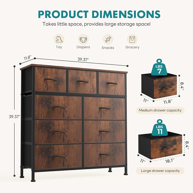 OLIXIS 9 Drawer Tall Dresser for Bedroom, Closet Organizers and Storage | Fabric Dresser with Wooden Top, Chest of Drawers for Clothes Storage, Tower Cabinet, Furniture, TV Stand, Rustic Brown