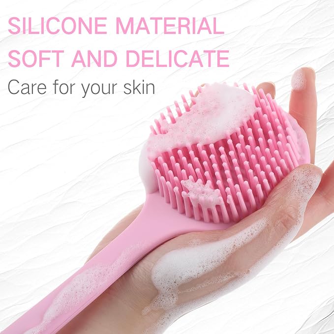 Sunnyray 2 Pack Silicone Back Scrubber for Shower with 15" Long Handle Double-Sided Bath Body Brush for Exfoliating Easy to Clean Quick Dry Deep Cleaning Lathers Well(Pink)